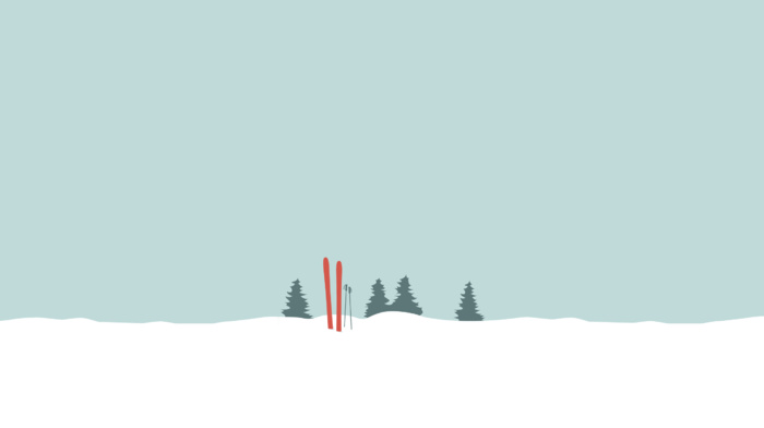 snow, skis, pine trees, minimalism, winter