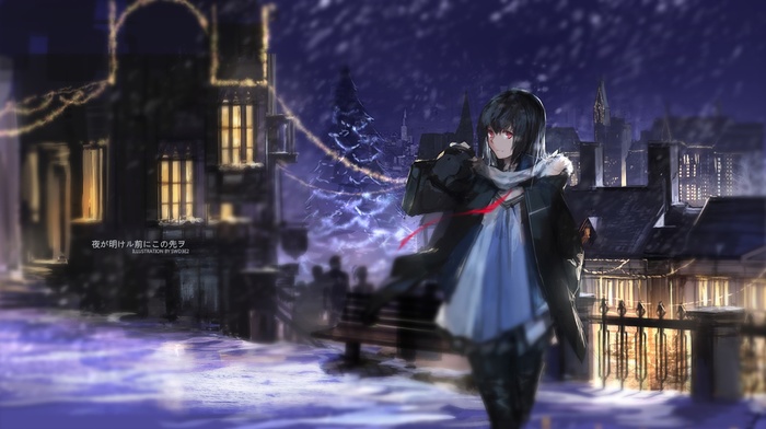 anime girls, swd3e2, snow, winter, original characters, Christmas, night
