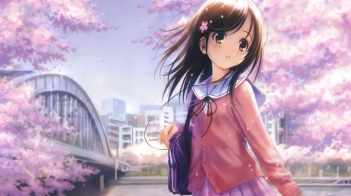 school uniform, cherry blossom, original characters, anime girls, city, bridge, shirt
