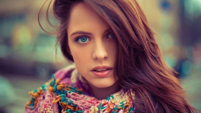 portrait, scarf, redhead, hair in face, looking at viewer, girl outdoors, depth of field, blue eyes, long hair, open mouth, girl, model, face