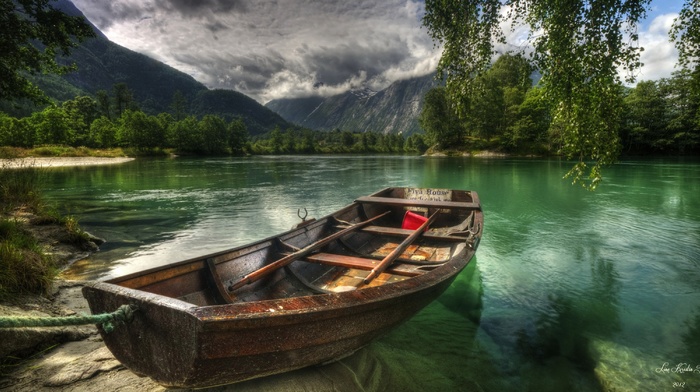 river, rowboat, landscape