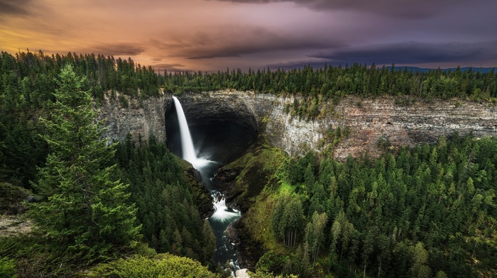 waterfall, landscape, sunrise, nature, forest, long exposure, clouds, trees, daylight, Canada, British Columbia