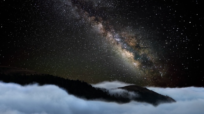 starry night, long exposure, galaxy, Milky Way, mountain, mist, landscape, nature