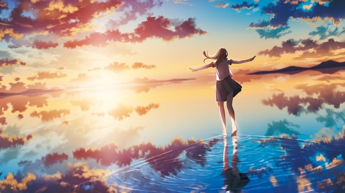 school uniform, Sun, anime girls, original characters, sunset, reflection, sea, clouds