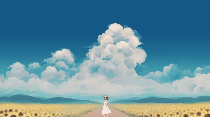 sky, original characters, sunflowers, anime, clouds, anime girls, dress
