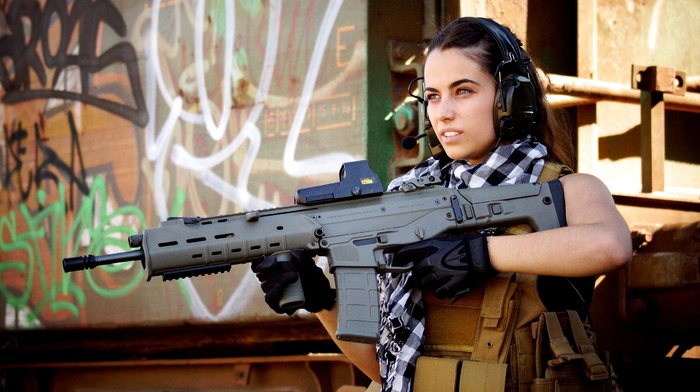 Adaptive Combat Rifle, girl, looking away, assault rifle, brunette, girl with guns