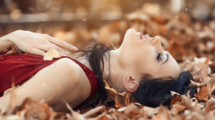 red dress, fall, black hair, girl, brunette, leaves, closed eyes, Alessandro Di Cicco