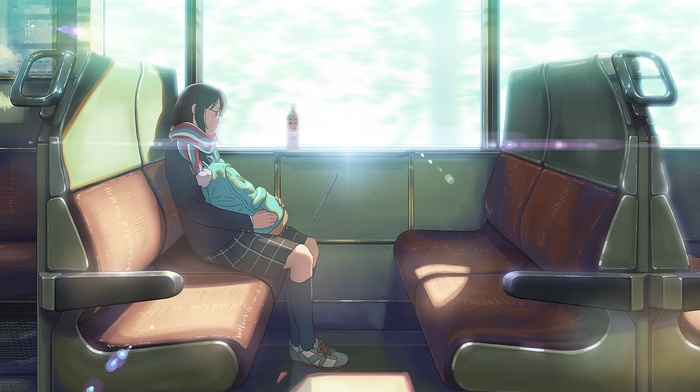 train, anime, anime girls, original characters, sitting, scarf