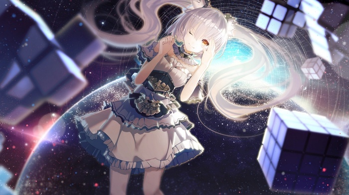planet, cube, stars, twintails, yellow eyes, white hair