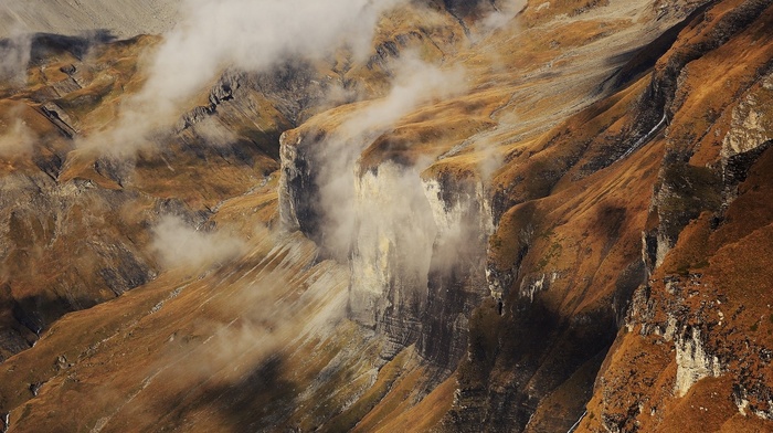 mountain, clouds, cliff, aerial view, creeks, landscape, nature
