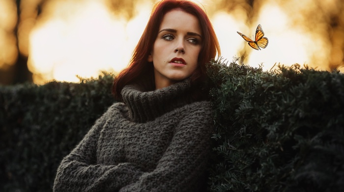 blue eyes, redhead, butterfly, open mouth, girl outdoors, girl, sweater