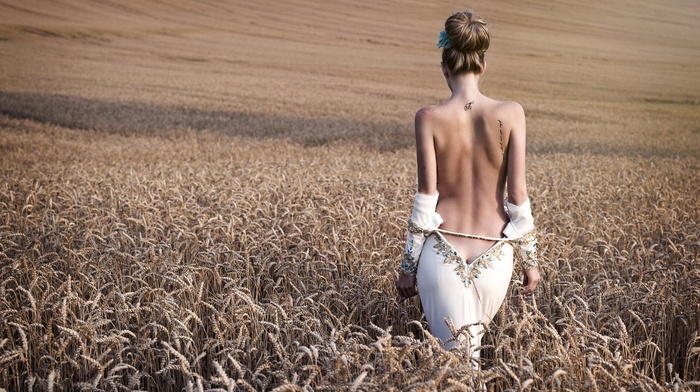 Petr Hingar, girl, field, tattoo, topless, backless, blonde, rear view, dress, girl outdoors, back