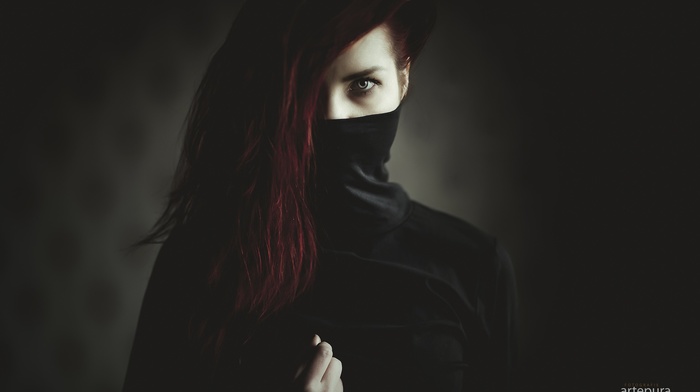 black nails, redhead, portrait, girl, hazel eyes, mask, black clothing