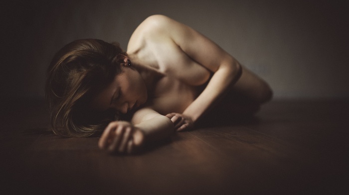 nude, strategic covering, sideboob, on the floor, closed eyes, blonde, girl, Alex Heitz, lying down