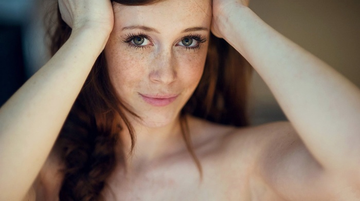 looking at viewer, girl, Chad Suicide, face, blue eyes, model, depth of field, Charlotte Herbert, hands on head, long hair, redhead, smiling, portrait