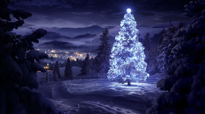night, lights, Christmas tree, snow