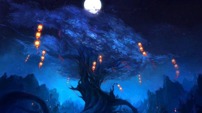 trees, lights, blue, night