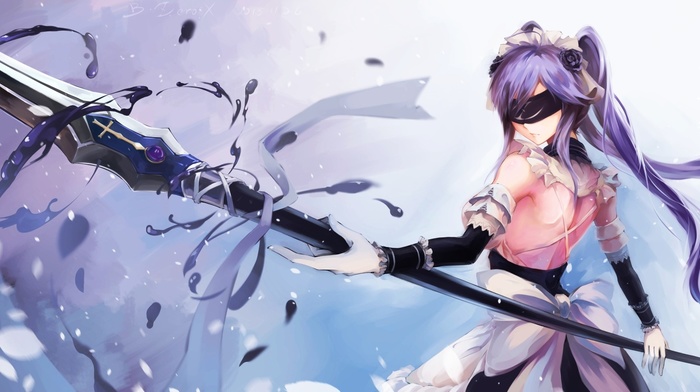 fantasy art, elbow gloves, blindfold, original characters, spear, twintails, weapon, anime girls