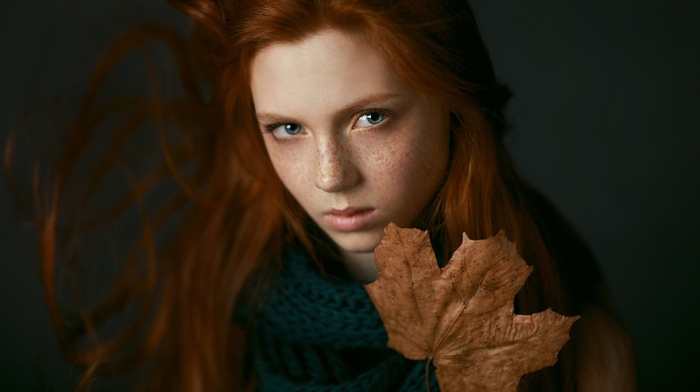 girl, freckles, face, redhead, leaves