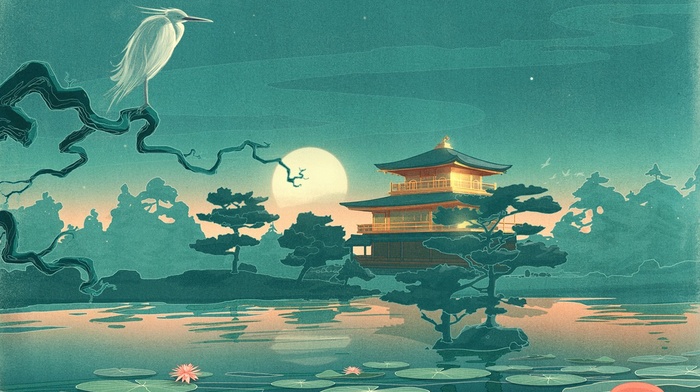 animals, birds, house, branch, stars, leaves, moon, night, nature, water, forest, Japanese, lake, drawing, artwork, Asian architecture, trees, water lilies