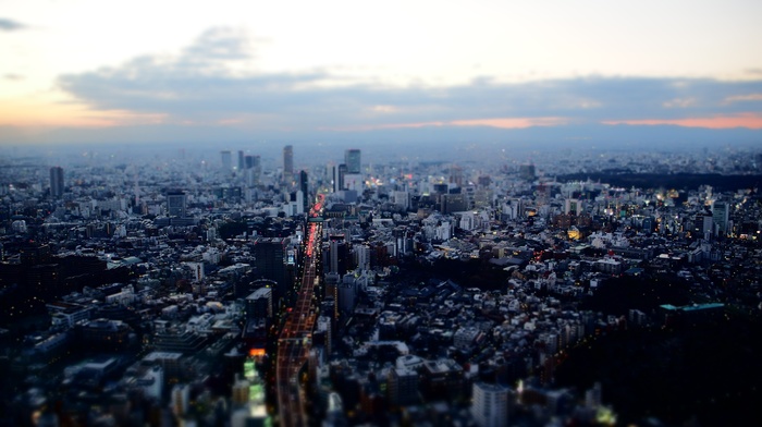 Japan, tilt shift, landscape, Tokyo, sunset