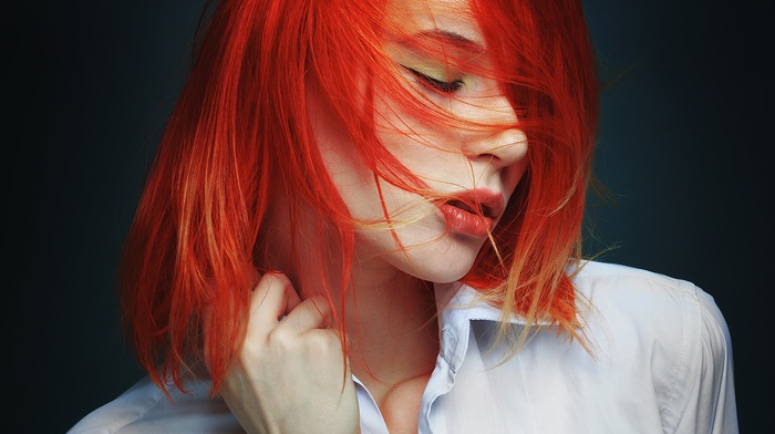 girl, redhead, face, model, simple background, portrait, dyed hair, closed eyes