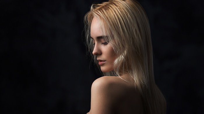 portrait, bare shoulders, model, girl, face, simple background, hand on  boobs, blonde