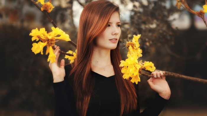spring, model, trees, nature, redhead, girl, forest, hair