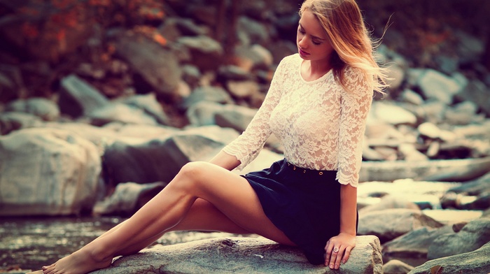hair, nature, model, skirt, dress, Karolina Debczynska, sitting, girl, lake, hill, blonde, legs