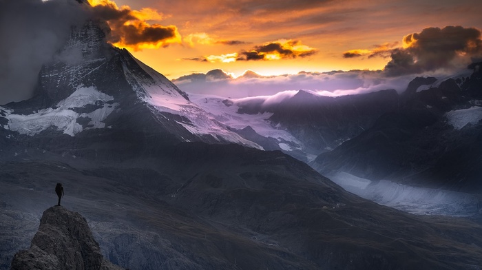clouds, snowy peak, sky, mountain, Alps, landscape, Matterhorn, hiking, sunset, Switzerland, nature