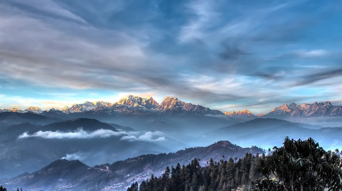 sunset, clouds, Himalayas, snowy peak, mountain, mist, landscape, forest, Nepal, nature