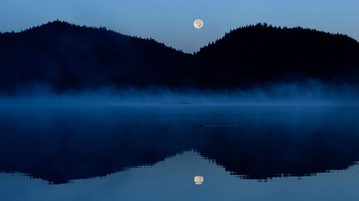 moon, lake, water, trees, mist, landscape, reflection, evening, nature, hill, forest