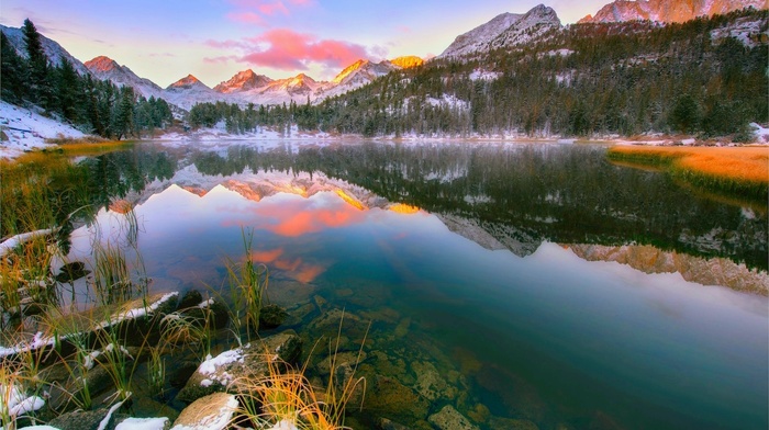 snowy peak, landscape, mountains, trees, sunset, reflection, mist, nature, lake, forest, water, snow
