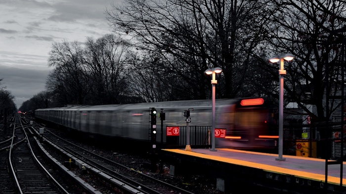 motion blur, selective coloring, train, light trails