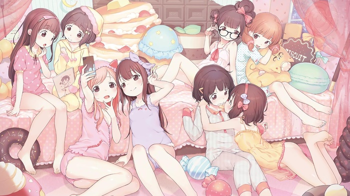 candies, anime girls, anime, pink, pink pajamas, pyjamas, original characters, groups of girls, loli