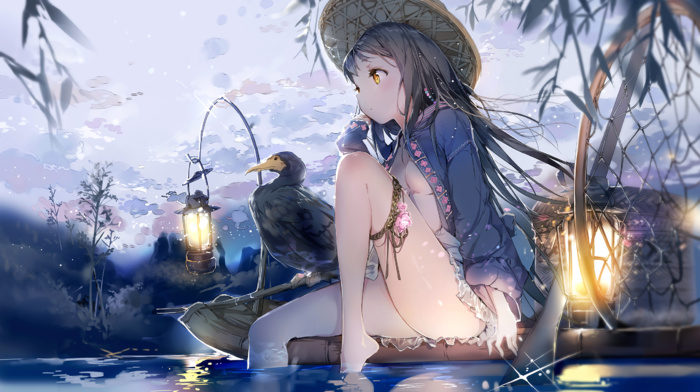 solo, hat, blushing, original characters, water, fishing, girl, long hair, birds, brunette, sky, lantern, anime girls, ass, boat, flowers, looking away, plants, sitting, barefoot, depth of field, yellow eyes, open clothes, ecchi, Anmi