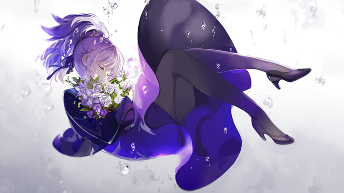 purple, anime, flowers, Darker than Black, black heels, anime girls, purple dresses, bouquets, purple hair, Yin, heels, pantyhose