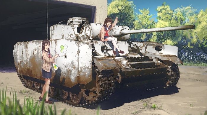 tank, vehicle, anime girls, school uniform, anime, original characters