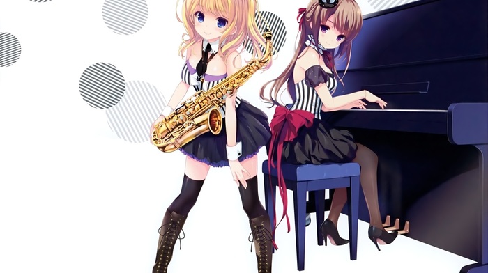 saxaphone, thigh, highs, original characters, anime, anime girls, musical instrument, piano