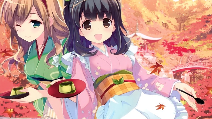 kimono, anime girls, anime, fall, original characters