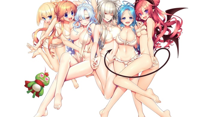 anime, group of girl, tail, white background, horns, Uchi no Hime, sama ga Ichiban Kawaii, bikini