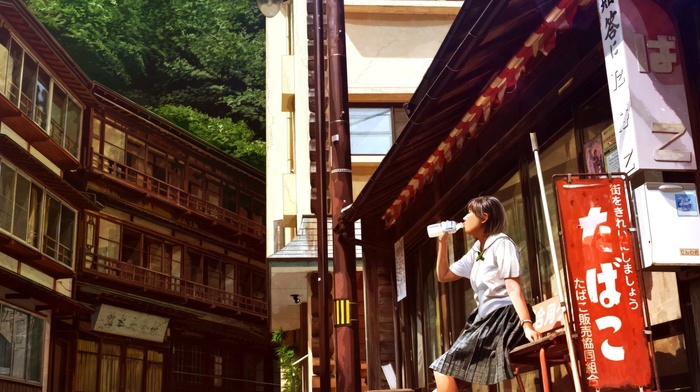 town, street, anime, school uniform