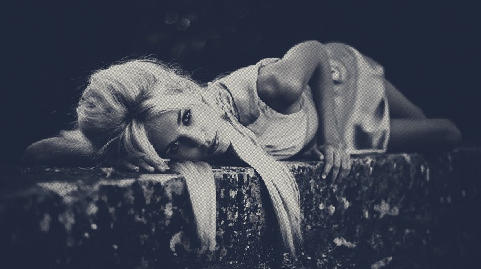 lying on side, hair, vintage, dress, model, urban, girl, blonde, monochrome