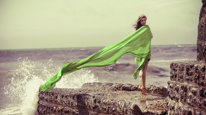 sea, windy, dress, smiling, hills, green dress, sky, green, girl