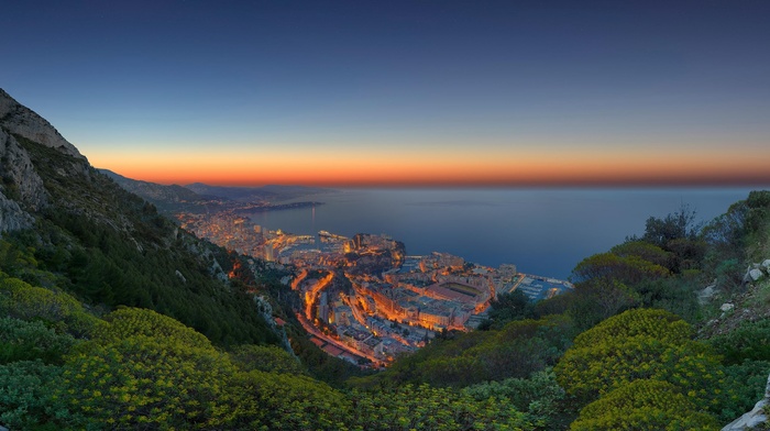 sunset, sea, Monaco, city