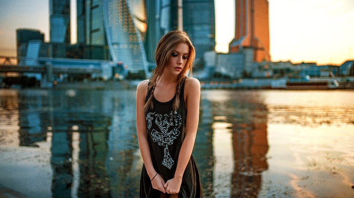 girl, river, city, model, brunette, dress, Ksenia Kokoreva