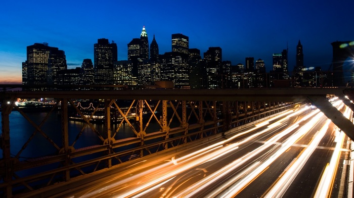 long exposure, cityscape, New York City, Brooklyn Bridge, bridge