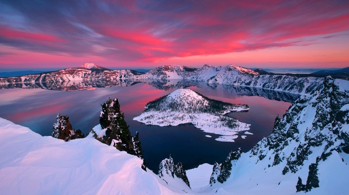 lake, red, sunset, ice