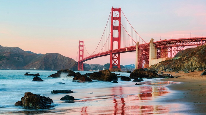 sea, architecture, bridge, beach, golden gate bridge, Golden Bridge, USA