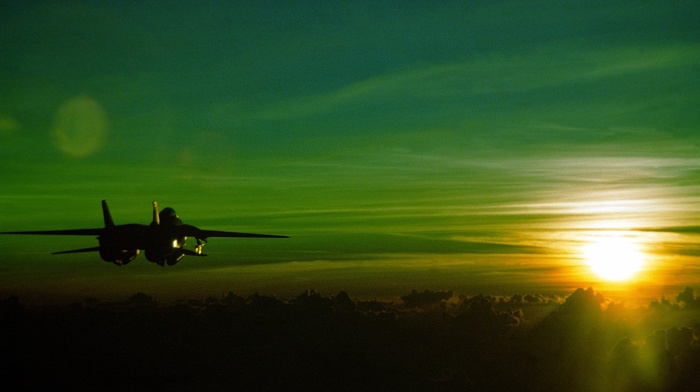 green, aircraft, Grumman F, 14 Tomcat, jet fighter, sunset
